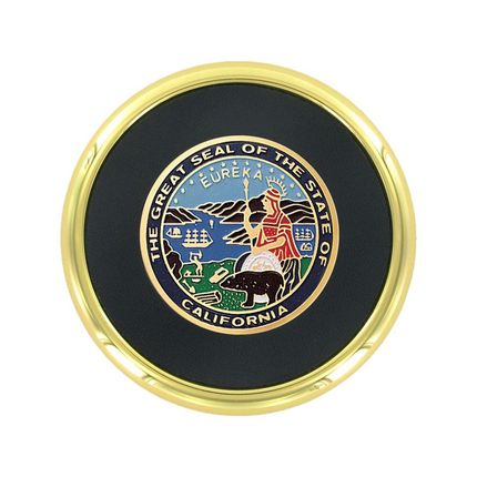  3-5/8 Inch Bright Gold And Leatherette Coaster With 2 Inch State Of California Etched Enameled Brass Medallion Insert