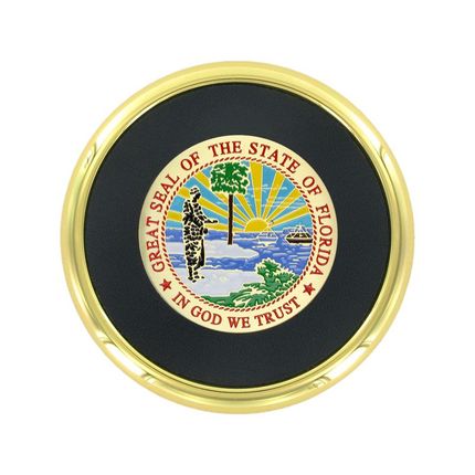 3-5/8 Inch Bright Gold And Leatherette Coaster With 2 Inch State Of Florida Etched Enameled Brass Medallion Insert