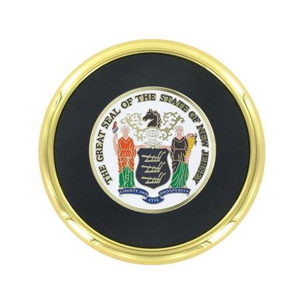 3-5/8 Inch Bright Gold And Leatherette Coaster With 2 Inch State Of New Jersey Etched Enameled Brass Medallion Insert