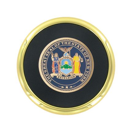3-5/8 Inch Bright Gold And Leatherette Coaster With 2 Inch State Of New York Etched Enameled Brass Medallion Insert