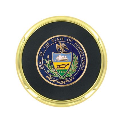 3-5/8 Inch Bright Gold And Leatherette Coaster With 2 Inch State Of Pennsylvania Etched Enameled Brass Medallion Insert