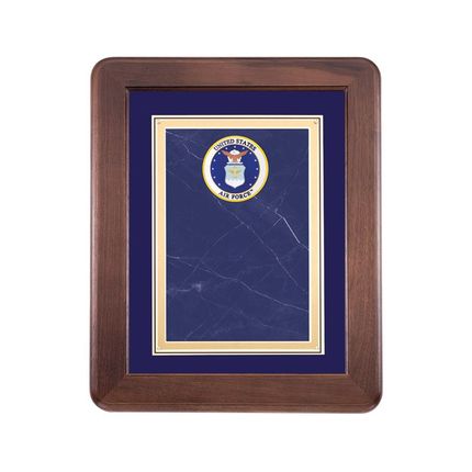 9-1/2 x 11-1/2 Genuine Walnut Blue Velour Border Shadowbox Plaque With 2 Inch U.S. Air Force Medallion Insert
