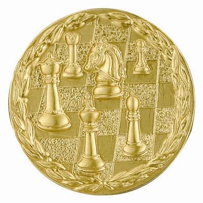 2 Inch Round 3D Stamped Chessboard and Piecest Brass Metal Medallion Decal Disc-Peel and Stick Back