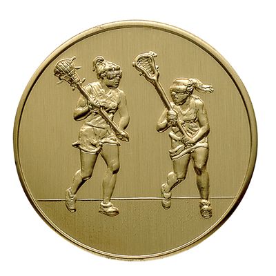 2 Inch Round 3D Stamped Female Lacrosse Players Brass Metal Medallion Decal Disc-Peel and Stick Back