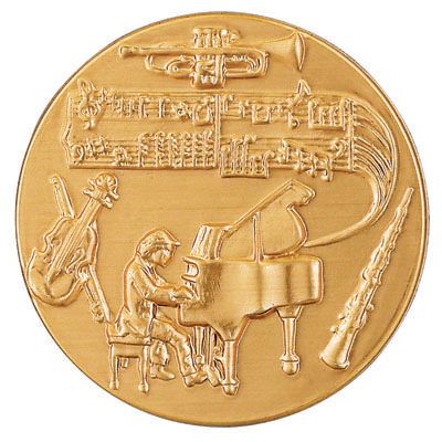 2 Inch Round 3D Stamped Pianist and Musical Instruments Brass Metal Medallion Decal Disc-Peel and Stick Back