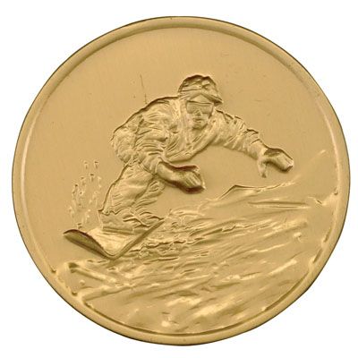 2 Inch Round 3D Stamped Snowboarder Brass Metal Medallion Decal Disc-Peel and Stick Back
